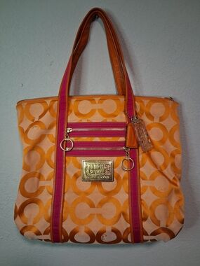 Coach Signature Stripe Tote Orange Pink Canvas Leather Shoulder Bag Y2K